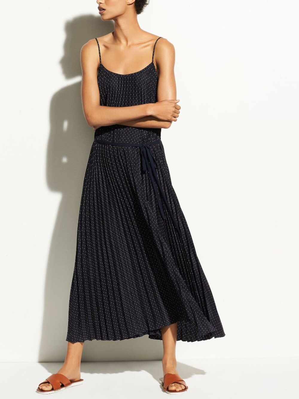 NWT Vince Polka Dot Pleated Cami Dress in Coastal/Sandstone Size XS $325